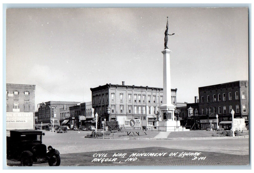 c1940's Civil War Monument On Square Businesses Angola IN RPPC Photo Postcard