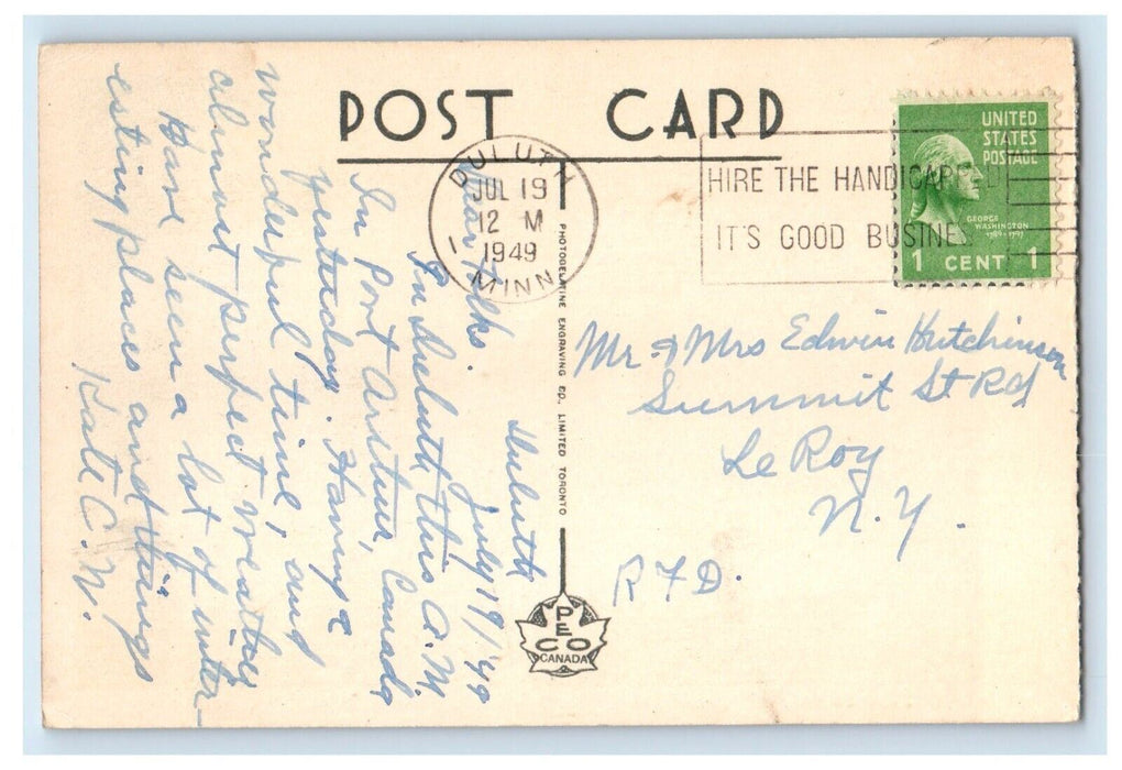 1949 Kakabeka Falls Twin Cities Fort William Duluth Ontario Canada CA Postcard
