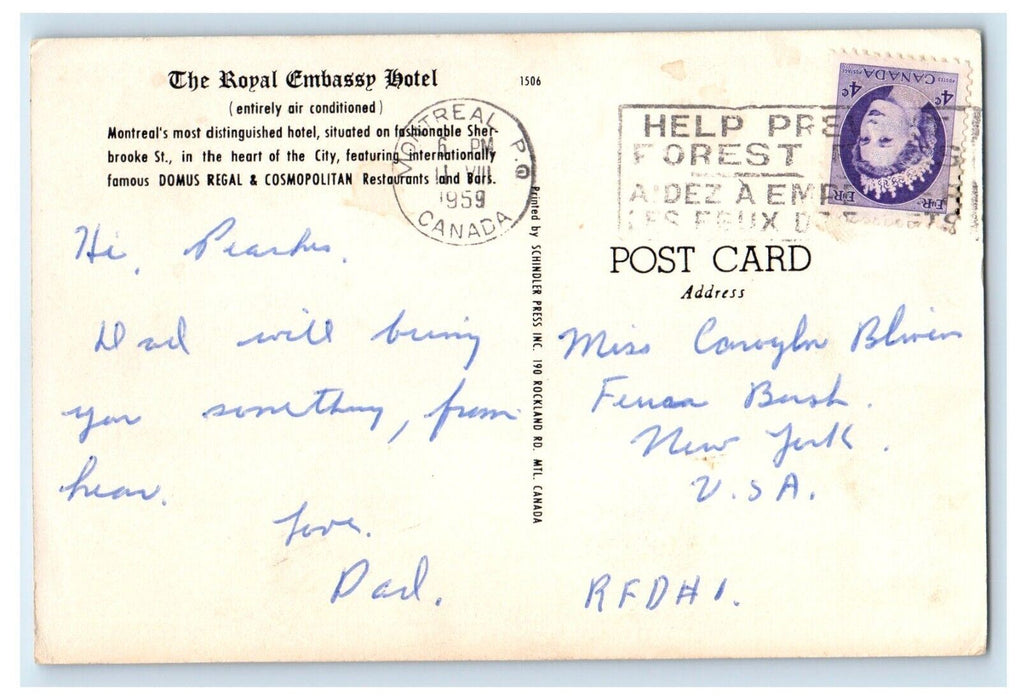 1959 Royal Embassy Hotel Building Cars Montreal Canada CA Vintage Postcard