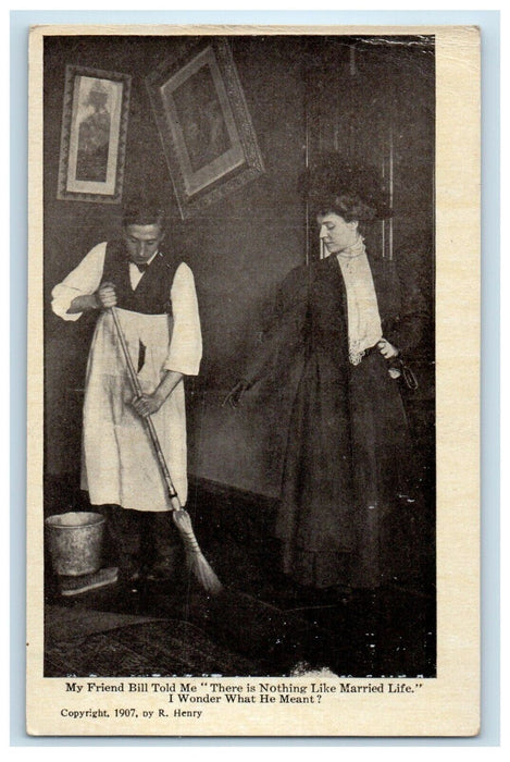 c1910's Anti Marriage Girl Sweeping Floor Morning Sun Iowa IA Antique Postcard