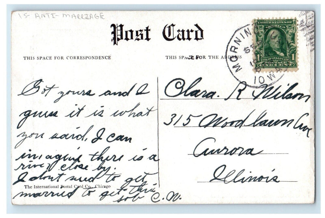 c1910's Anti Marriage Girl Sweeping Floor Morning Sun Iowa IA Antique Postcard