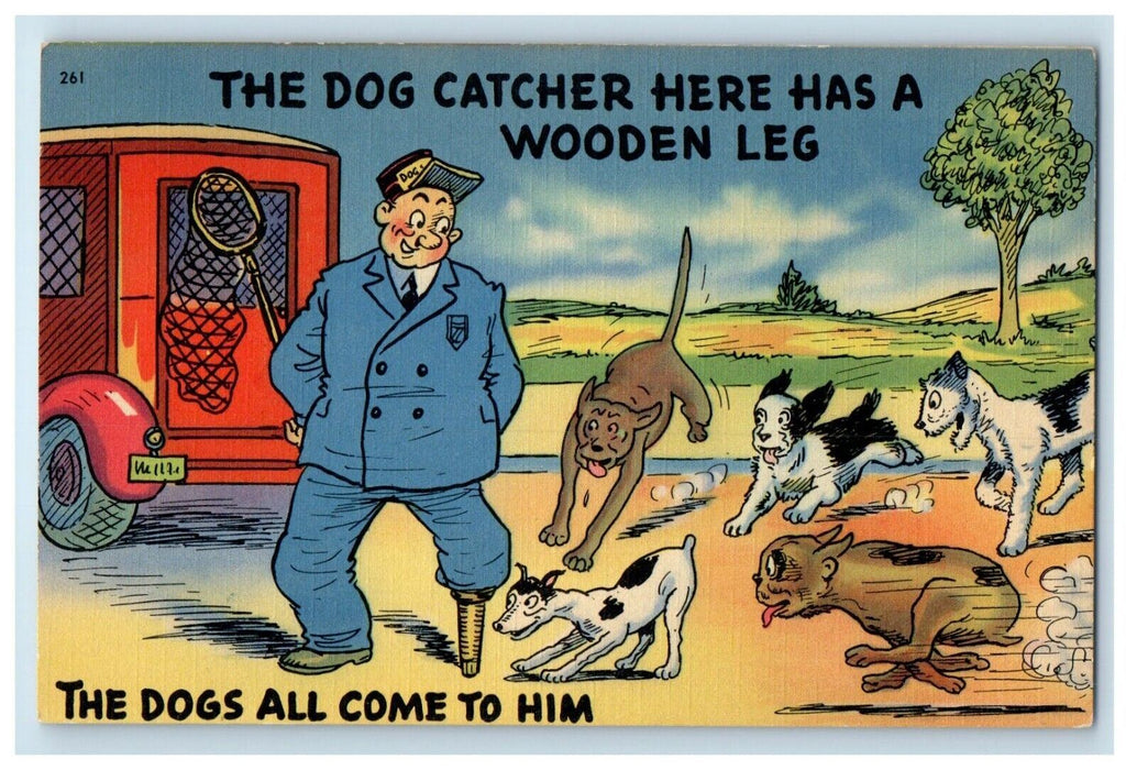 c1910's Man Dog Cather Wooden Leg Dogs Running All Come To Him Comic Postcard