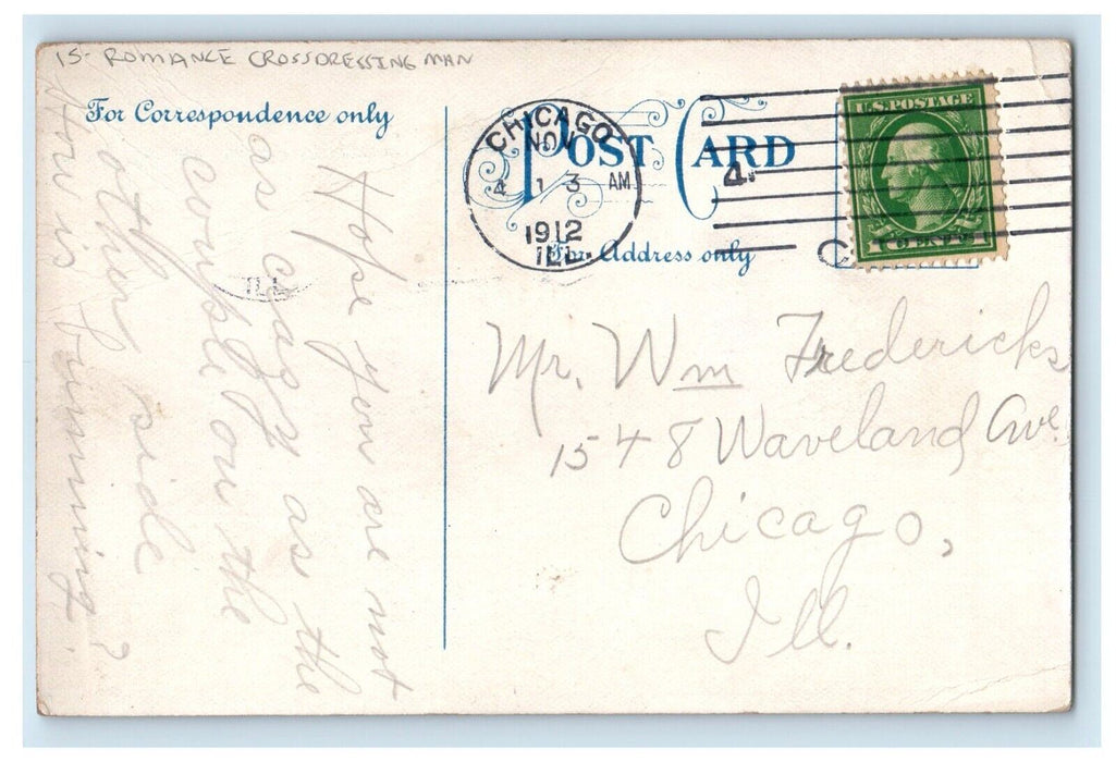 1912 Romance Cross Dressing Man Bended Knee Chicago Illinois IL Antique Postcard