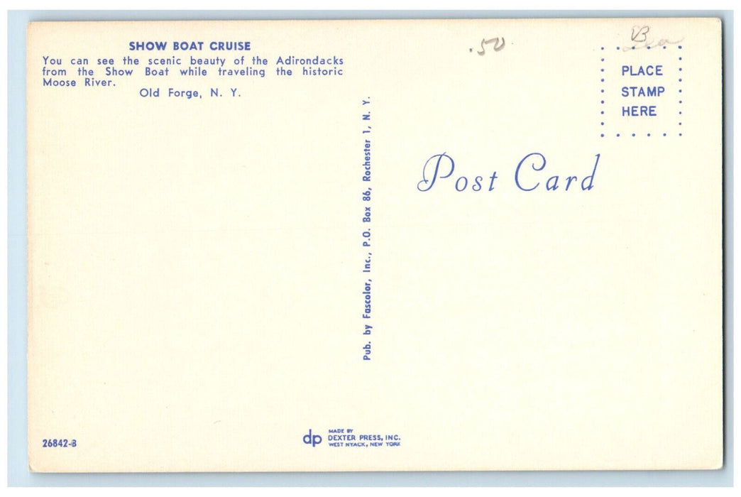 c1950's Adirondacks from Show Boat Cruise, Moose River, Old Forge NY Postcard