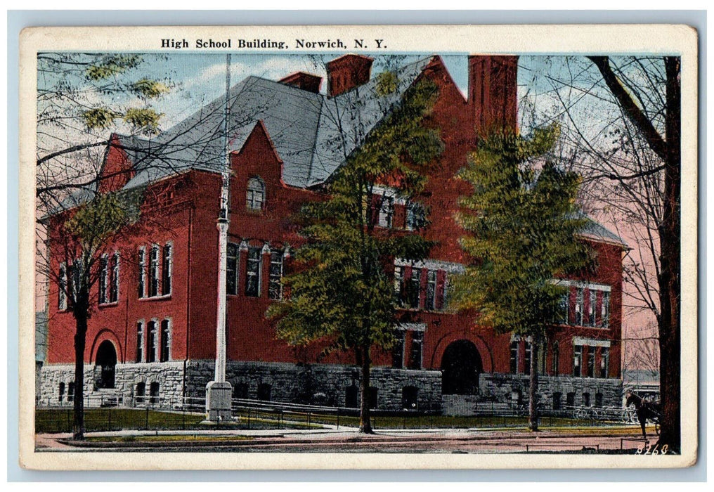 1945 High School Building Norwich New York NY Athens Maine ME Postcard