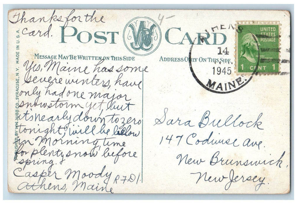 1945 High School Building Norwich New York NY Athens Maine ME Postcard