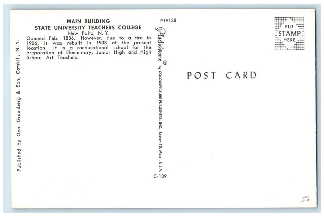 c1950's Main Building State University Teachers College New Paltz NY Postcard