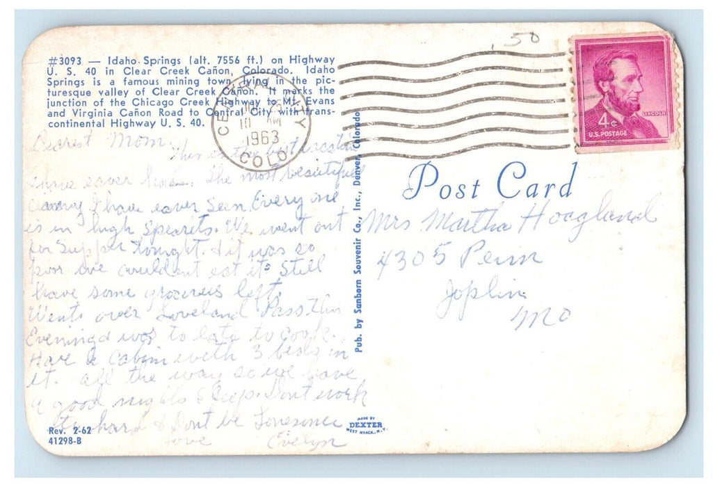 1963 Idaho Springs Highway US 40 Clear Creek Canon Colorado CO Vintage Postcard