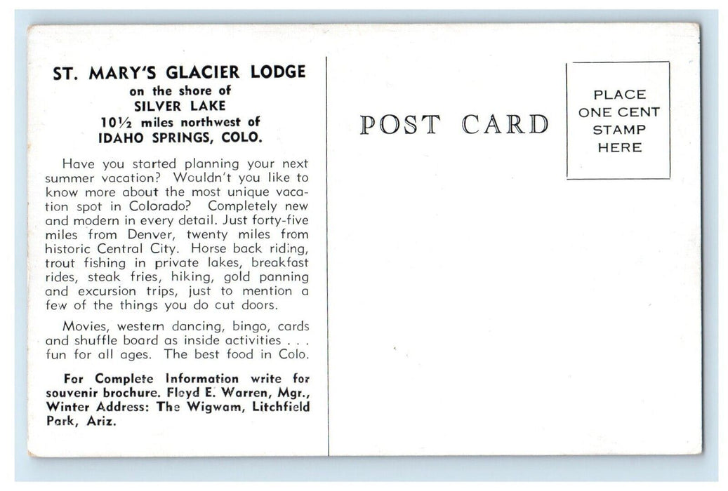 c1960 St Mary Glacier Lodge Lake Idaho Springs Colorado CO Vintage Postcard