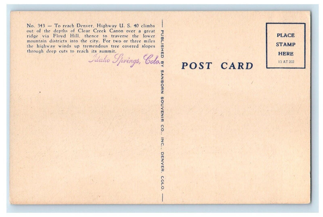 c1940 Floyd Hill Clear Creek Canon Idaho Springs Colorado CO Vintage Postcard
