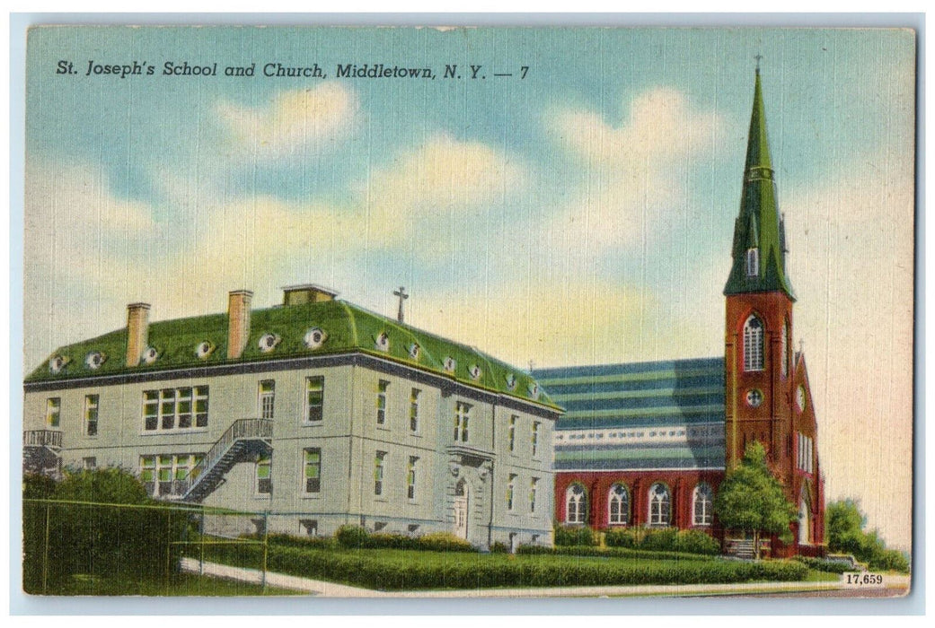 c1940's St. Joseph's School and Church, Middletown New York NY Postcard
