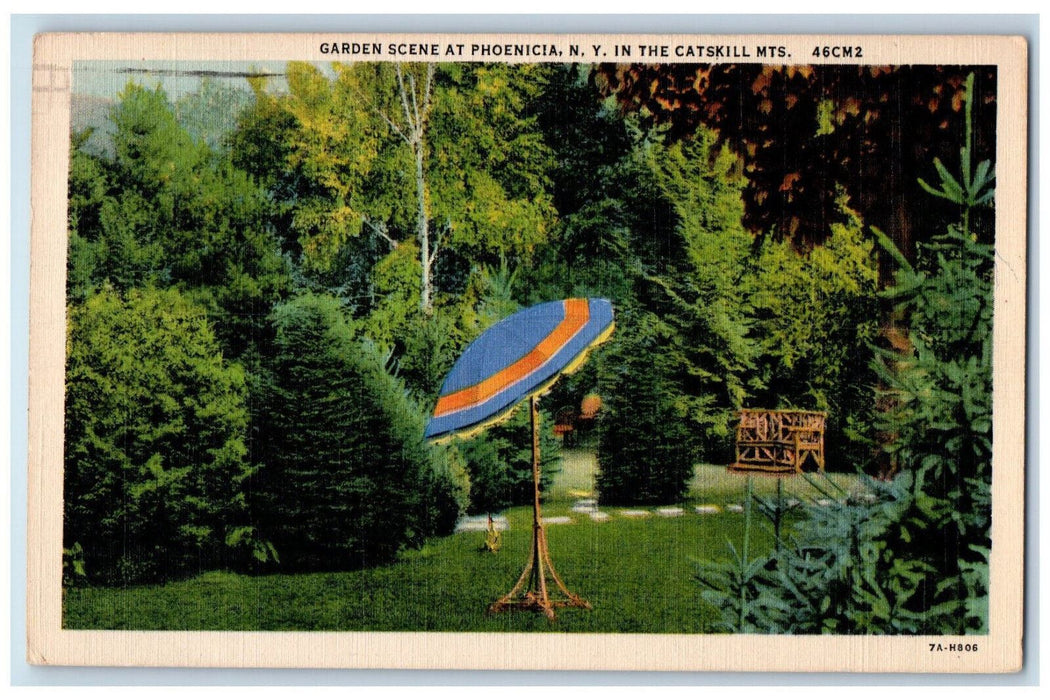 1961 Umbrella, In The Catskill Mountains Garden Scene at Phoenicia NY Postcard