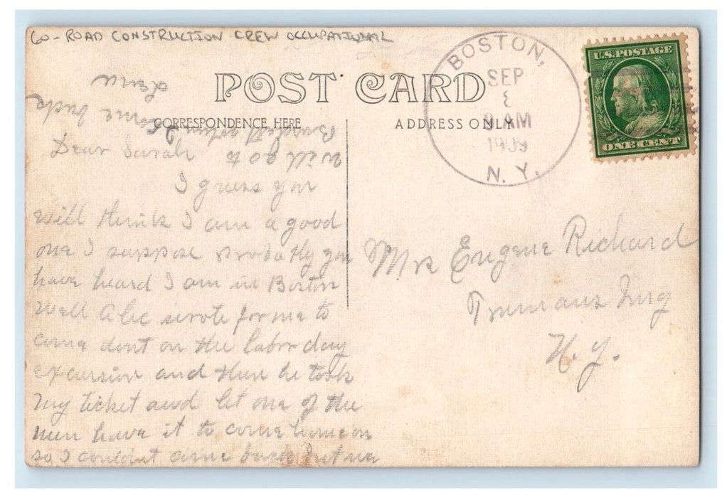 1909 Road Construction Crew Occupational Boston NY RPPC Photo Antique Postcard
