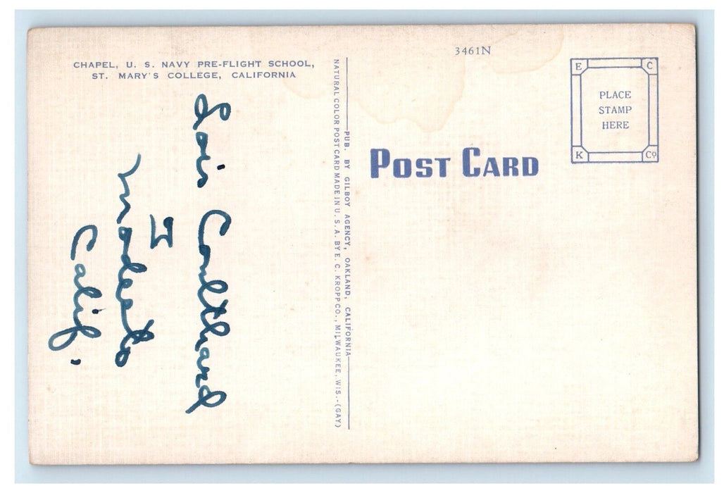 c1940 Chapel US Navy Pre-Flight School St Mary College California CA Postcard