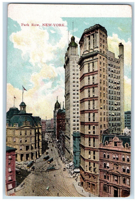 c1905 Busy Scene, Trolley Car, Crowd, Park Row New York NY Antique Postcard