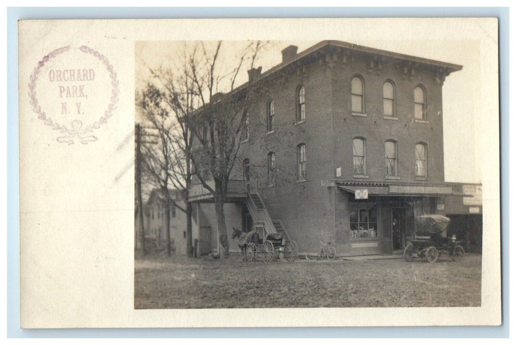 c1910's Briggs Bros Store Car Horse Wagon Orchard Park NY RPPC Photo Postcard