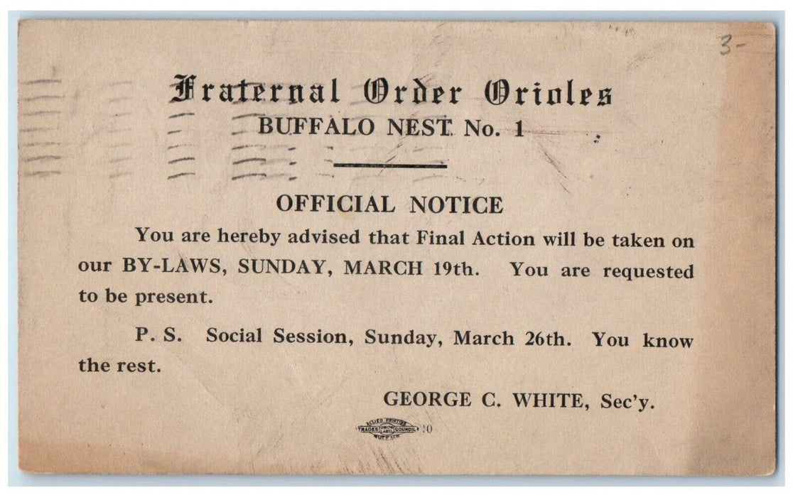 1911 Fraternal Order Oreolis Official Notice Buffalo New York NY Posted Postcard