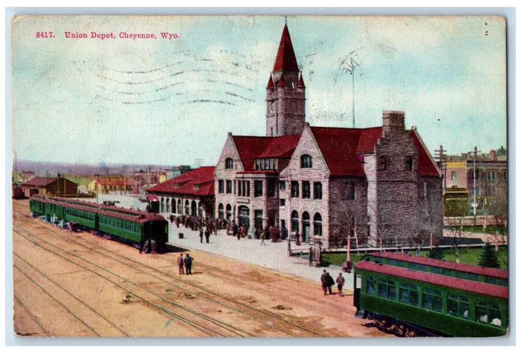 1910 Union Depot Station Railroad Train Cheyenne Wyoming WY Antique Postcard