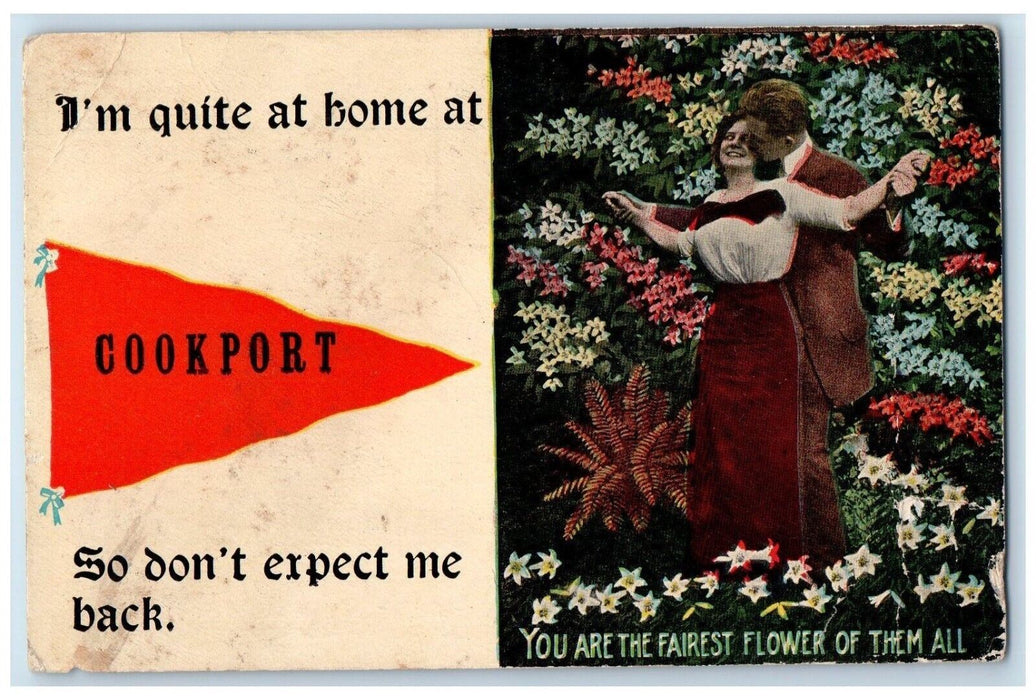 c1910's Sweet Couple Kissing Flowers Pennant Cookport Lovejoy PA Posted Postcard