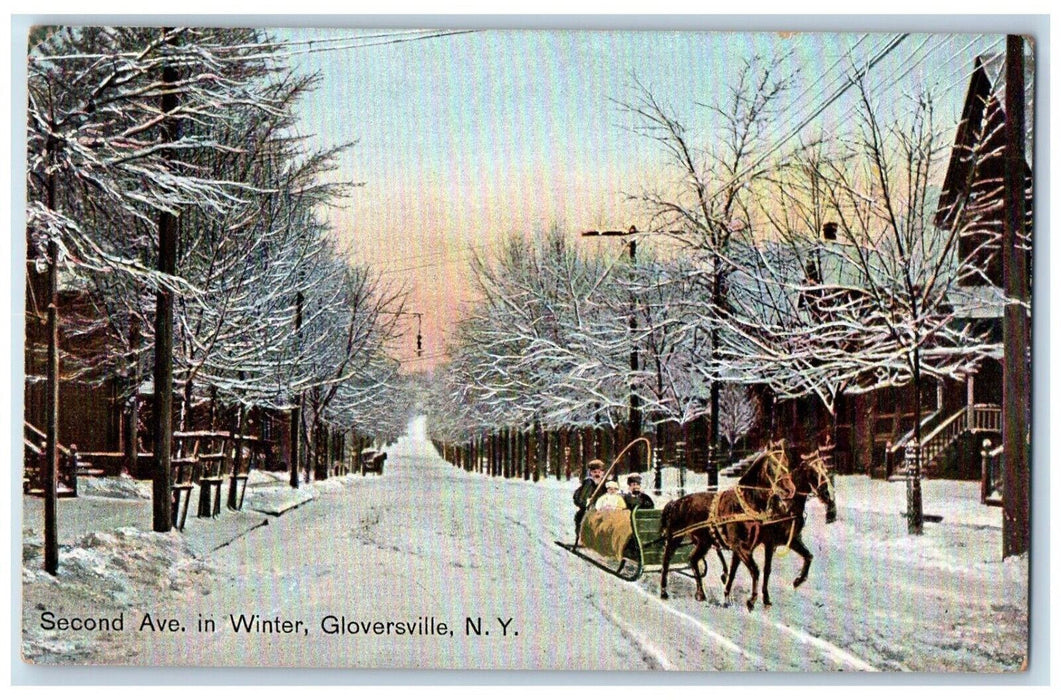 c1910's Second Ave. In Winter Horse Sled Gloversville New York NY Postcard