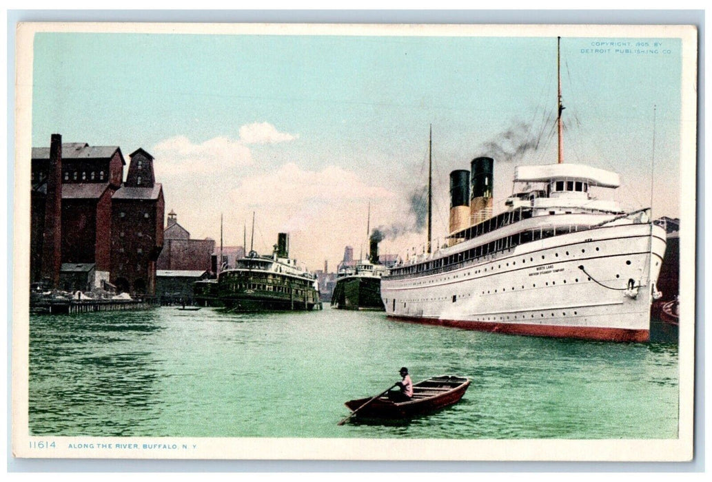 c1910's Along The River Steamer Boat Buffalo New York NY Antique Postcard
