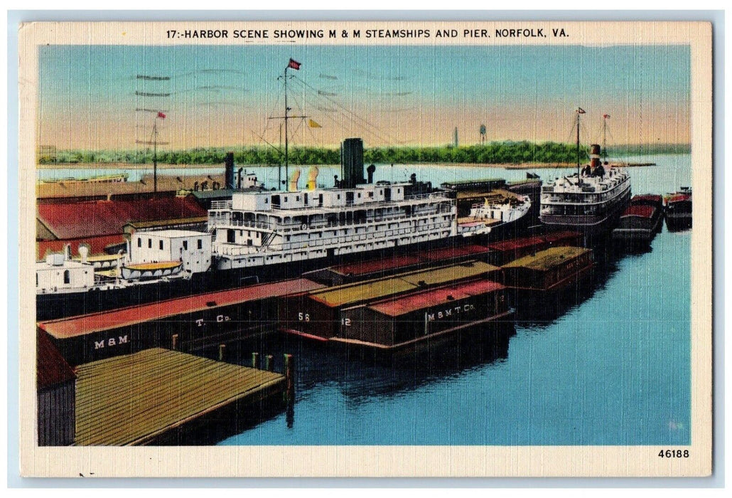 1942 Harbor Scene Showing M & M Steamships And Pier Norfolk Virginia VA Postcard