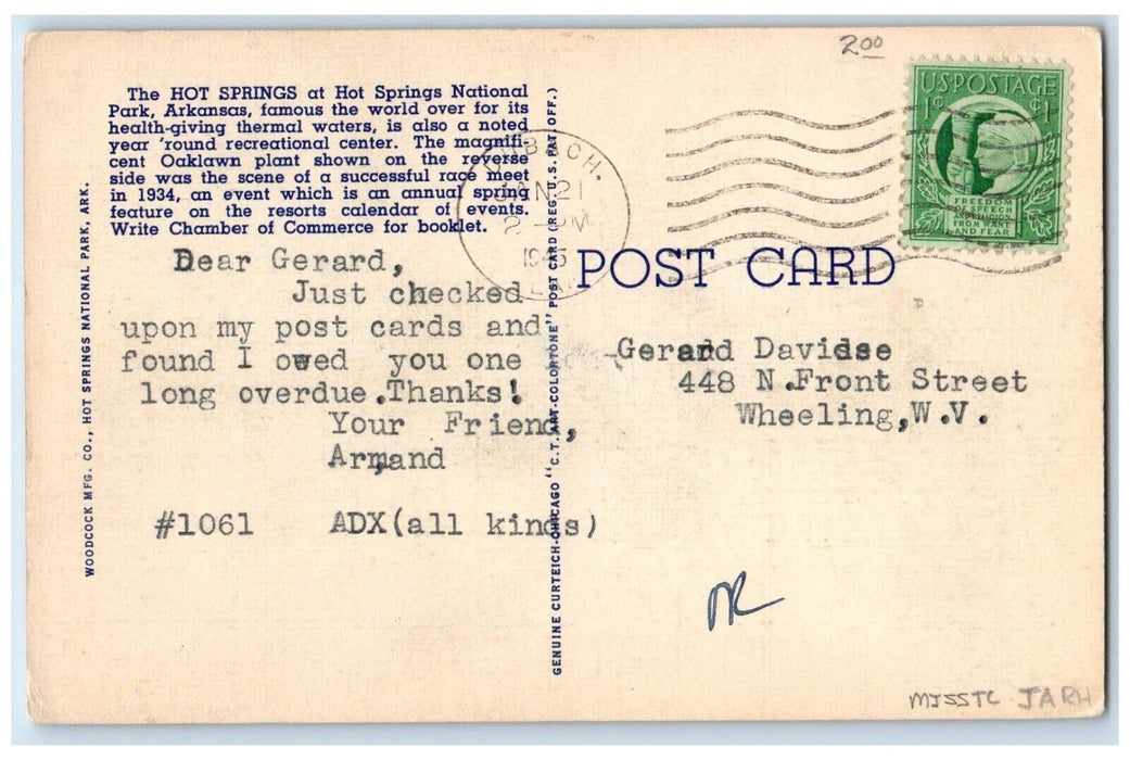 1945 Oak Lawn Race Track Hot Springs Arkansas AR Posted Vintage Postcard
