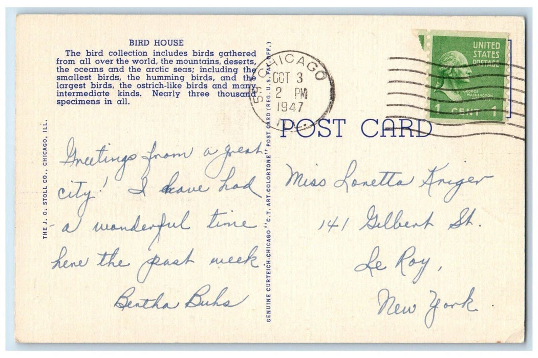 1947 Bird House The Chicago Zoological Park At Brookfield Illinois IL Postcard