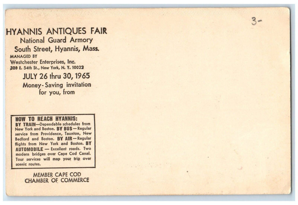 Hyannis Antiques Fair Advertising Hyannis Massachusetts MA Vintage Postcard