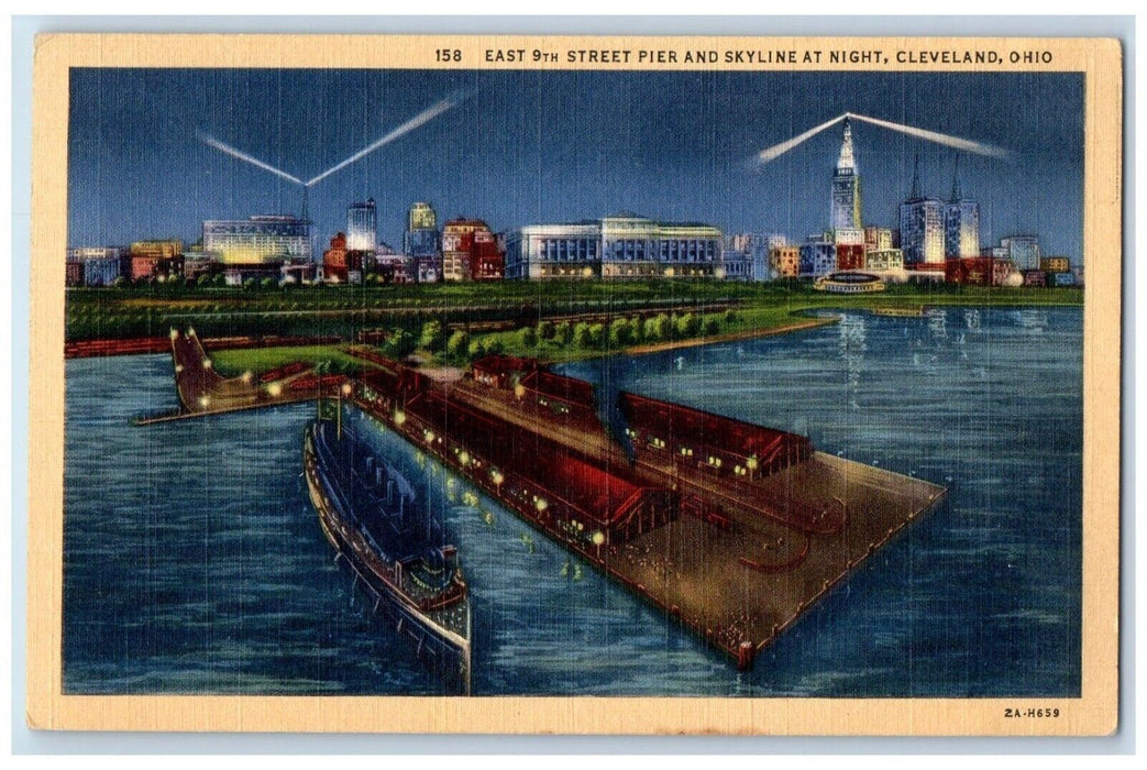 1942 East 9th Street Pier Skyline At Night Cleveland Ohio OH Vintage Postcard