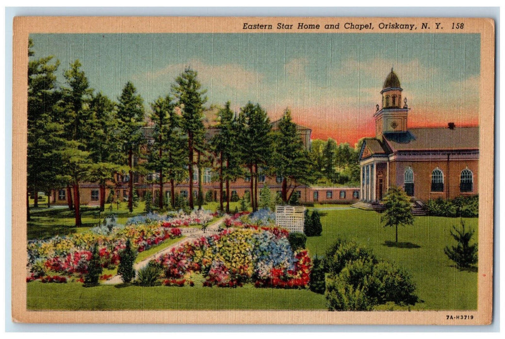 c1940's Colorful Flowers, Eastern Star Home and Chapel Oriskany NY Postcard