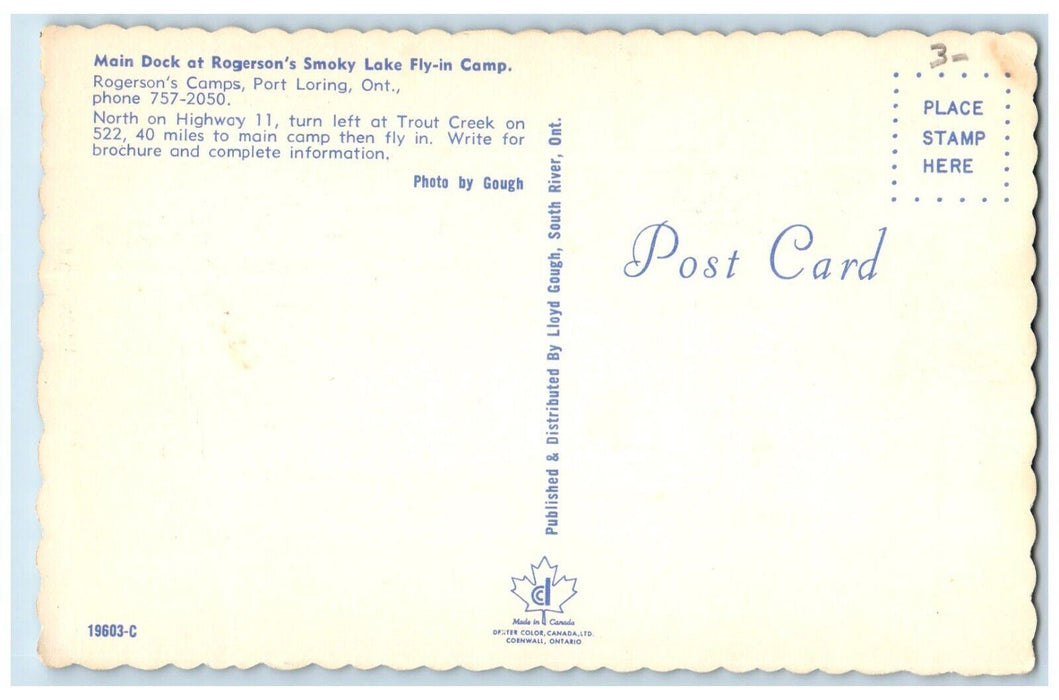 Main Dock Rogerson's Smoky Lake Fly In Camp Port Loring Ontario Canada Postcard