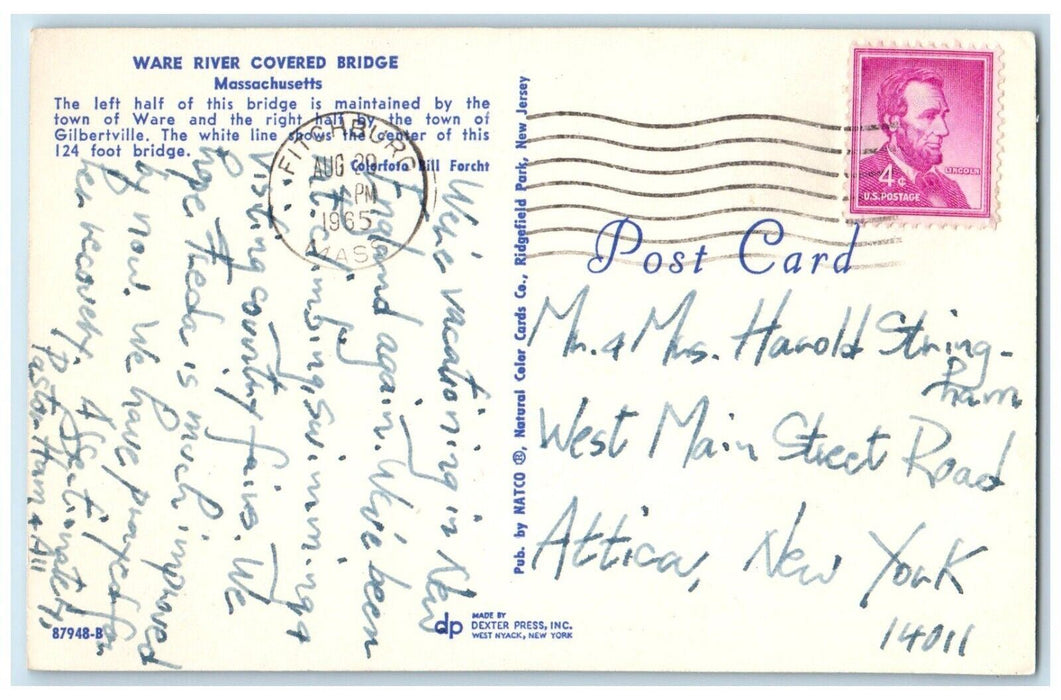 1965 Ware River Covered Bridge Gilbertville Fitchburg Massachusetts MA Postcard