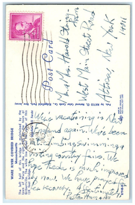 1965 Ware River Covered Bridge Gilbertville Fitchburg Massachusetts MA Postcard