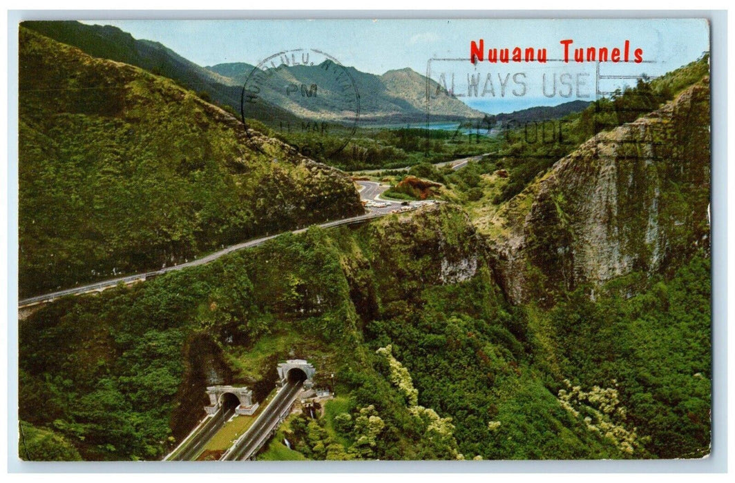 1968 Bird's Eye View Of Nassau Tunnels Old Pali Road Honolulu Hawaii HI Postcard
