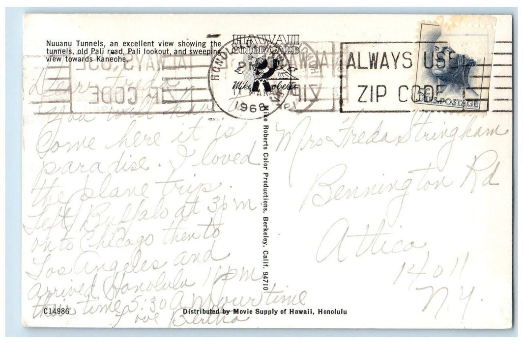 1968 Bird's Eye View Of Nassau Tunnels Old Pali Road Honolulu Hawaii HI Postcard