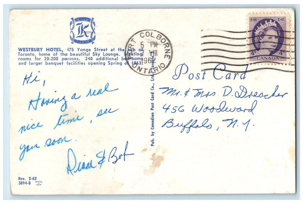 1962 Westbury Hotel Building Toronto Port Colborne Ontario Canada Postcard