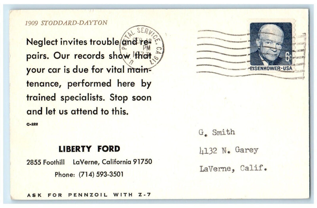 1909 Stoddard Dayton Liberty Ford Car LaVerne California CA Posted Postcard