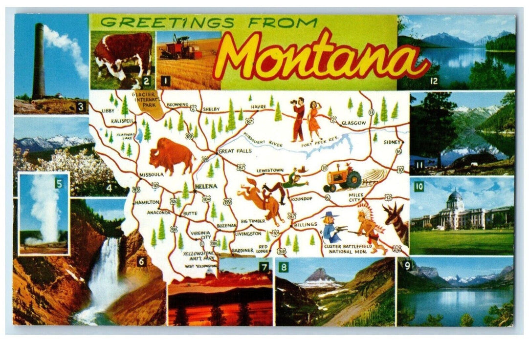 Greetings From Montana MT, Multiview Map Unposted Vintage Postcard