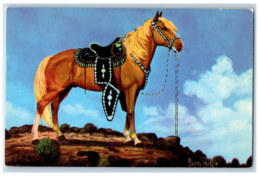 Palomino Stallion Silver Mounted Saddle And Bridle Horse Vern Parker Postcard
