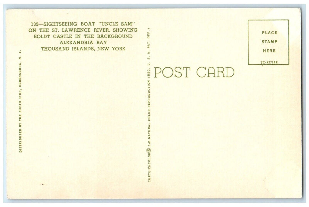 Sightseeing Boat Uncle Sam St. Lawrence River Thousand Islands NY Postcard