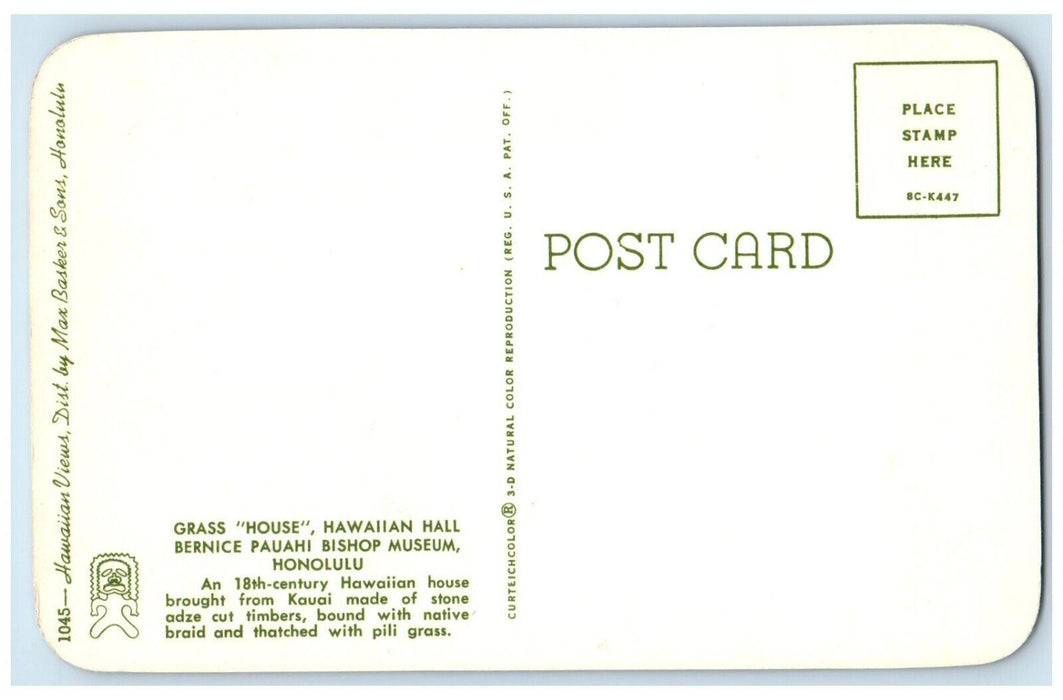 Grass House Hawaiian Hall Bernice Pauahi Bishiop Museum Honolulu HI Postcard