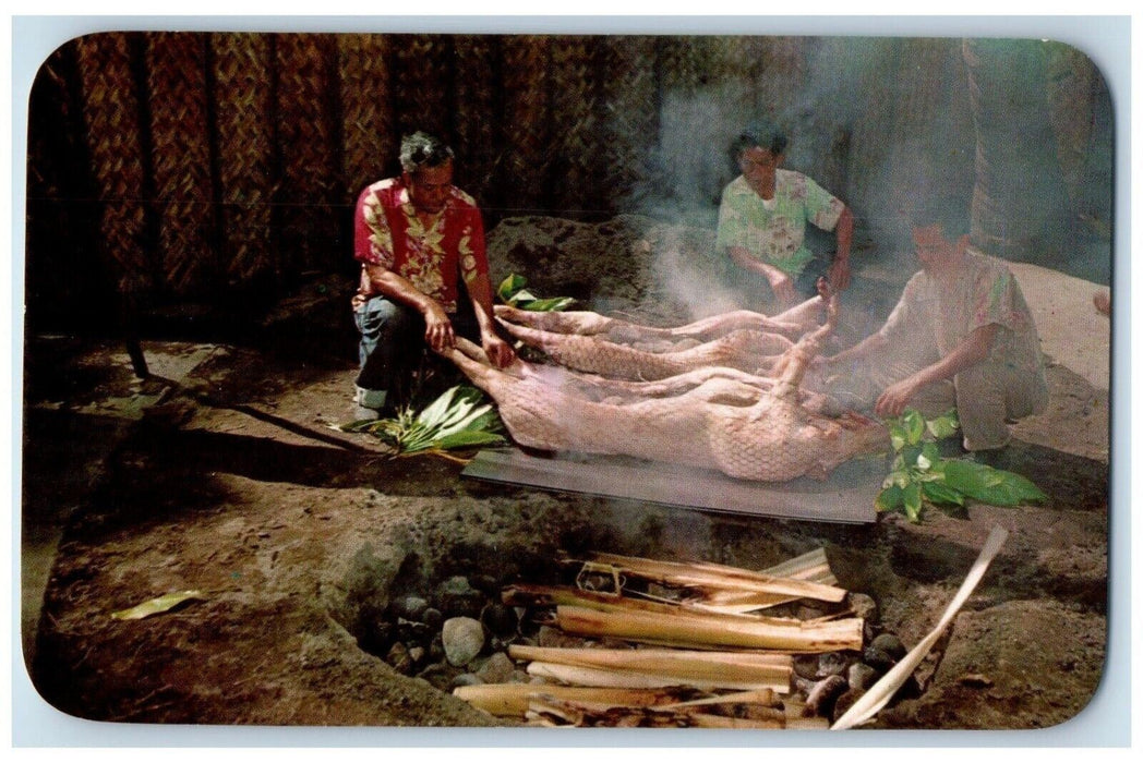 Luau Preparations Pig Cooked In The Imu Oven Roast Hawaii HI Vintage Postcard
