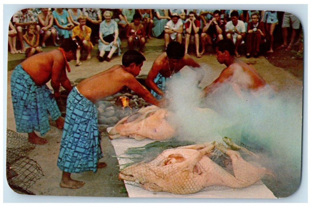 Hawaii HI, Luau Preparations Pig Cooked In The Imu Oven Red Hot Stones Postcard