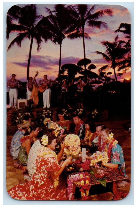 Hawaii HI, Luau At Sunset Hawaiian Luau Feast Kalua Pig Vintage Postcard