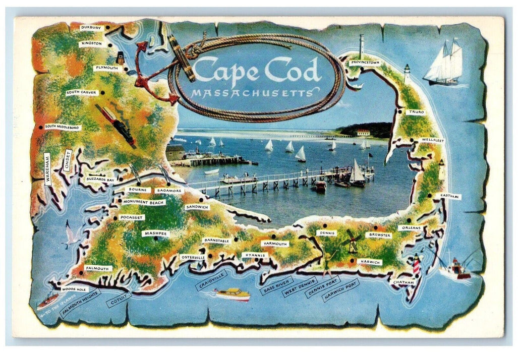 View Of Map And Bridge Boats Quaint Cape Cod Massachusetts MA Vintage Postcard