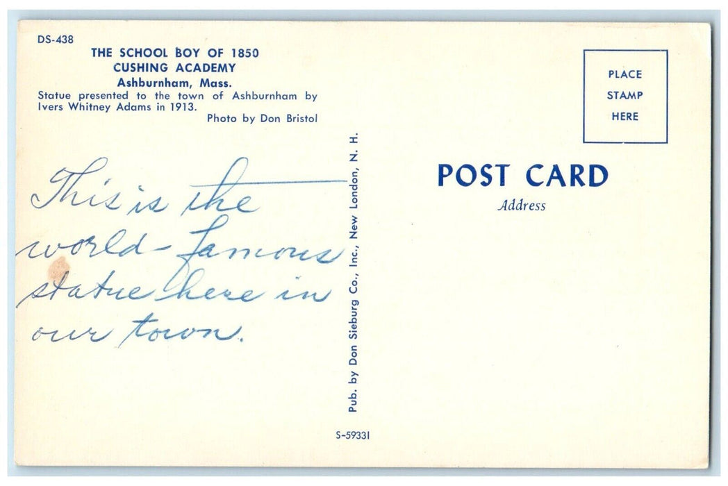 c1960's The School Boy Cushing Academy Statue Ashburnham MA Vintage Postcard