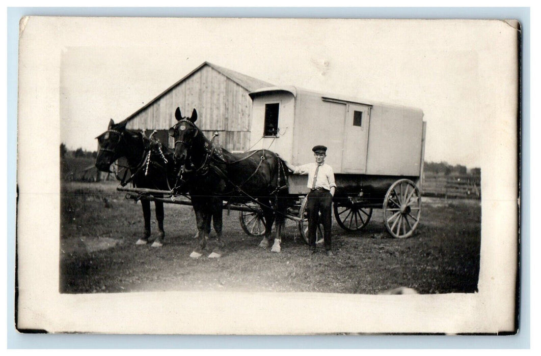 c1910's Horse Wagon Coachman Barn Farm RPPC Unposted Photo Postcard