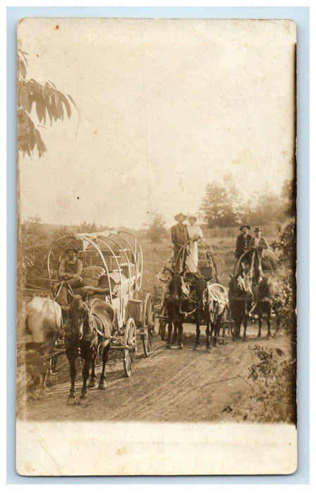 c1910's Covered Wagons Horses Trail Couples RPPC Unposted Photo Postcard