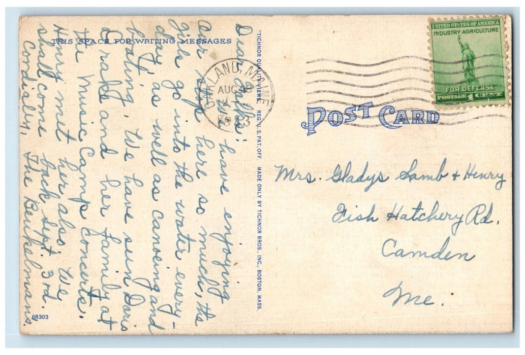 1943 Greetings From Sunday Beach Camps Oakland Maine ME Posted Antique Postcard